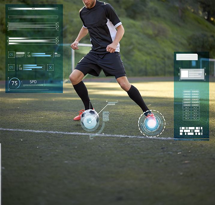 Player playing soccer with data analytics around them